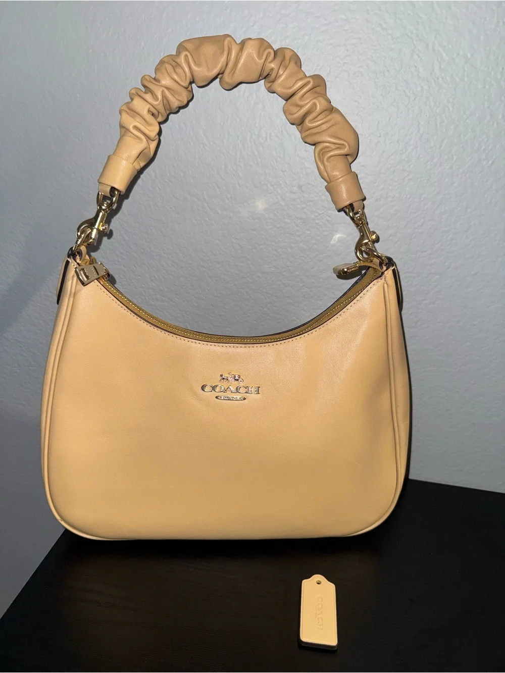 Coach Teri Hobo Smooth Leather Shoulder Bag in Tan